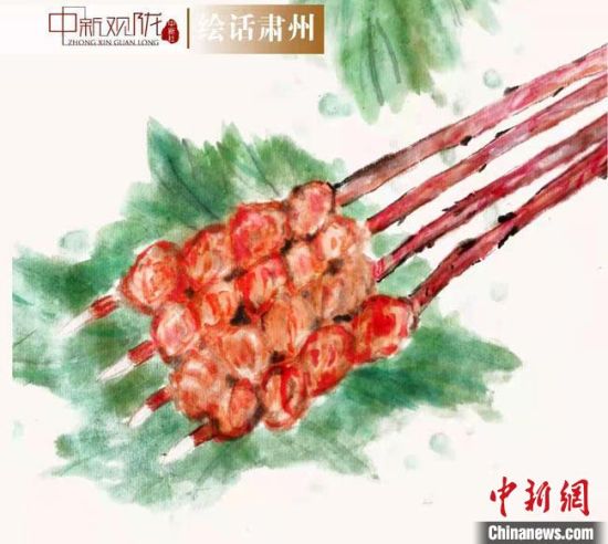圖為酒泉美食“紅柳烤肉”繪畫作品。　杜興彥 攝