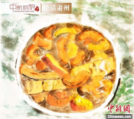 圖為酒泉美食“糊鍋”繪畫作品?！《排d彥 攝