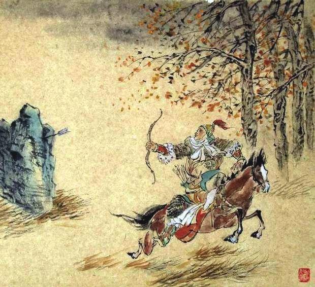 “林暗草驚風(fēng)，將軍夜引弓。”畫作